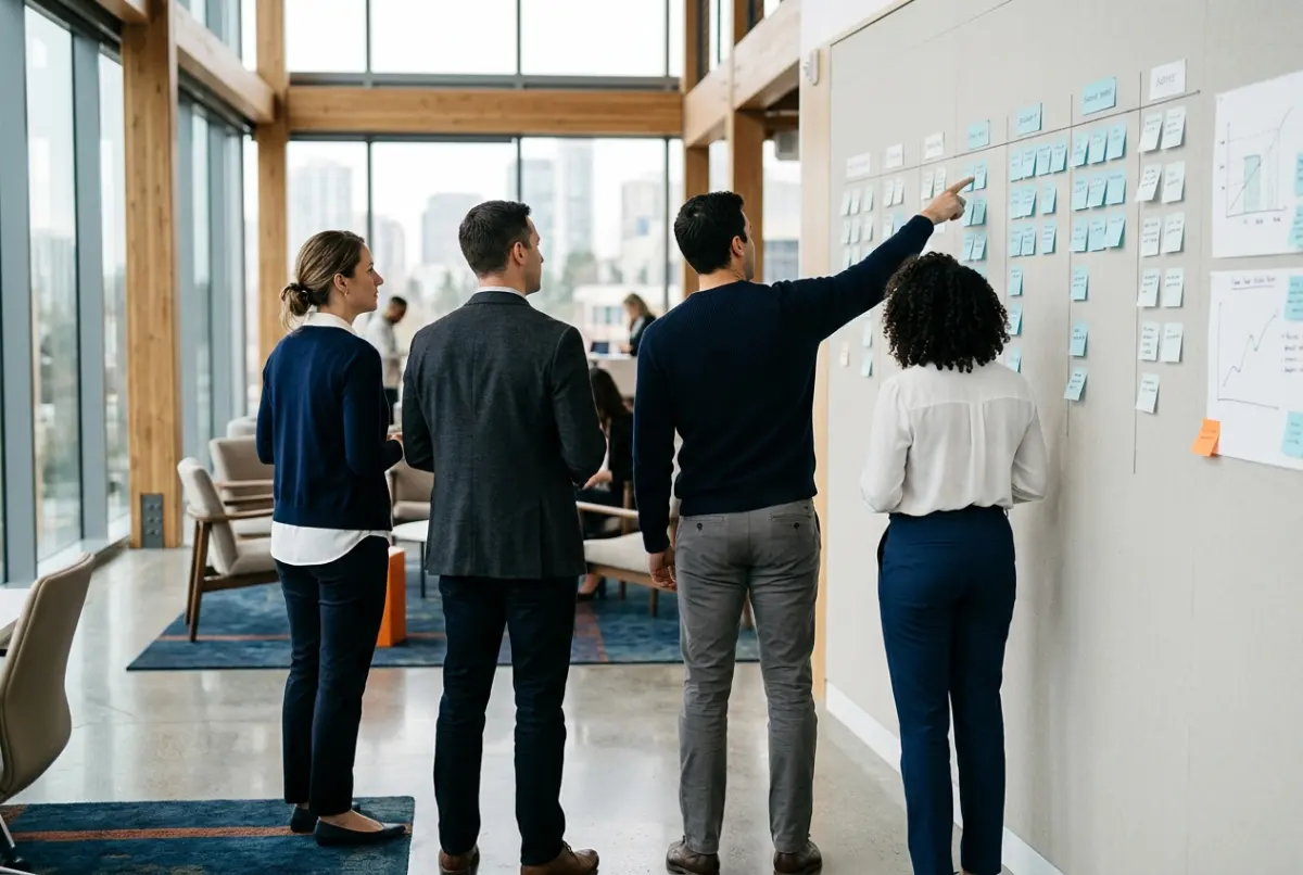 Un gruppo di lavoro organizza le attività su una parete di post-it
